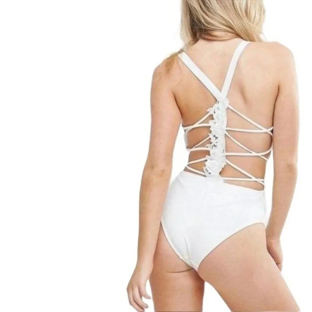 ASOS Womens Premium Lace Appliqué Strappy Back Swimsuit One Piece  Size 4US